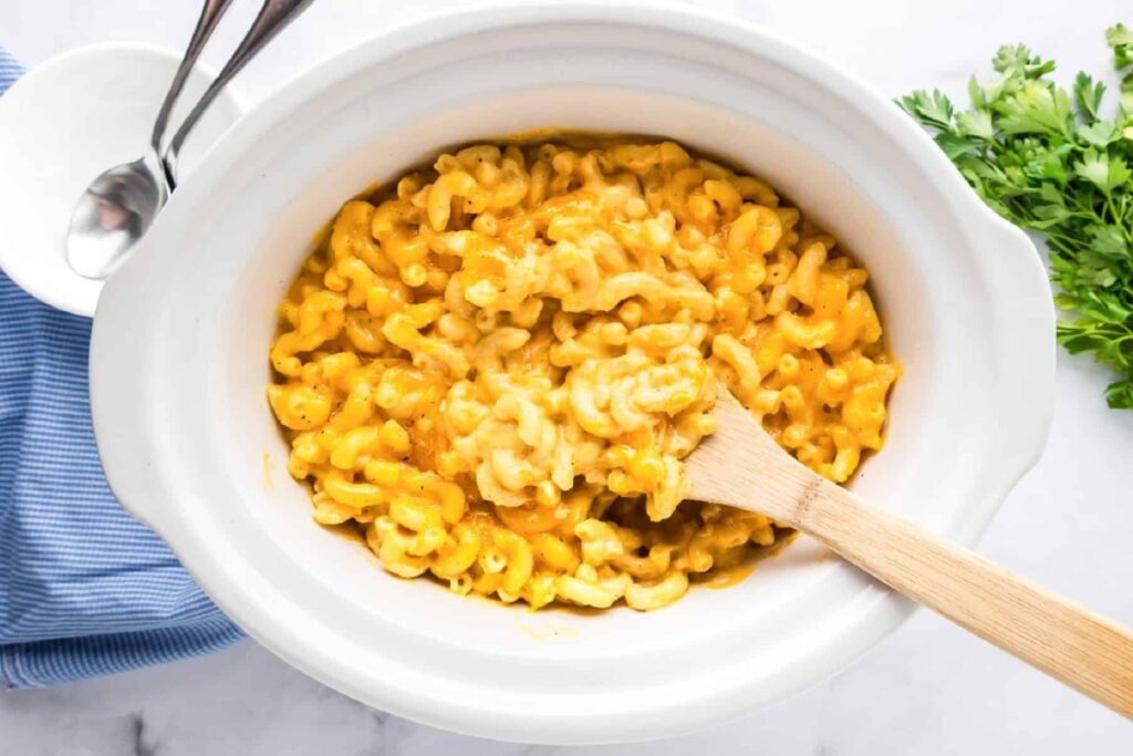 Mac and cheese in a slow cooker.