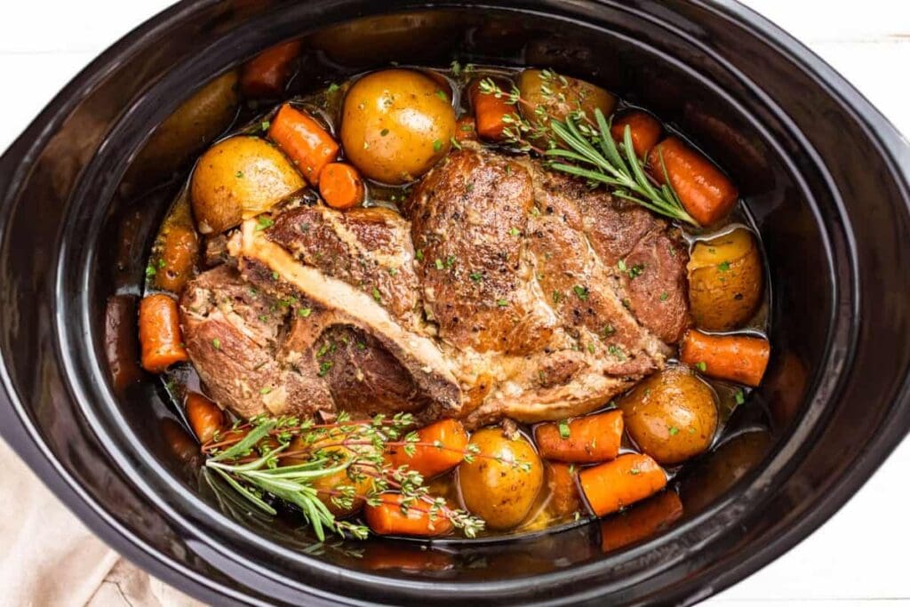 Pork roast in a slow cooker.