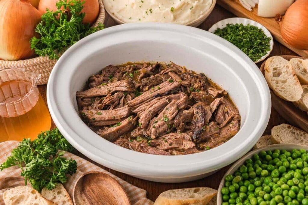 Shredded beef in a slow cooker.