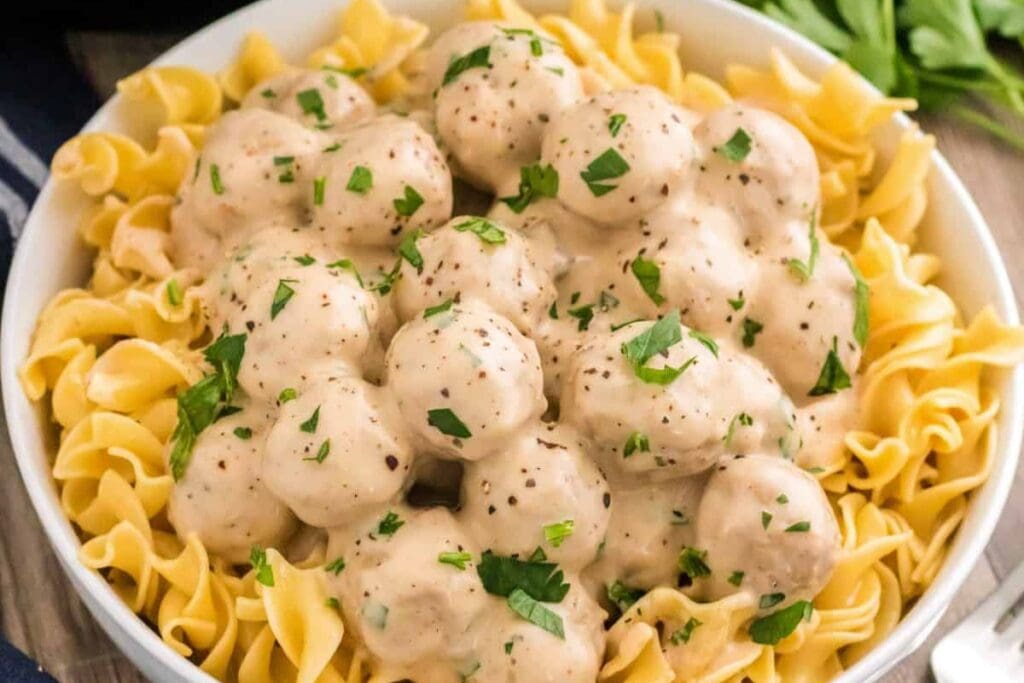 Slow cooker Swedish meatballs in a bowl.
