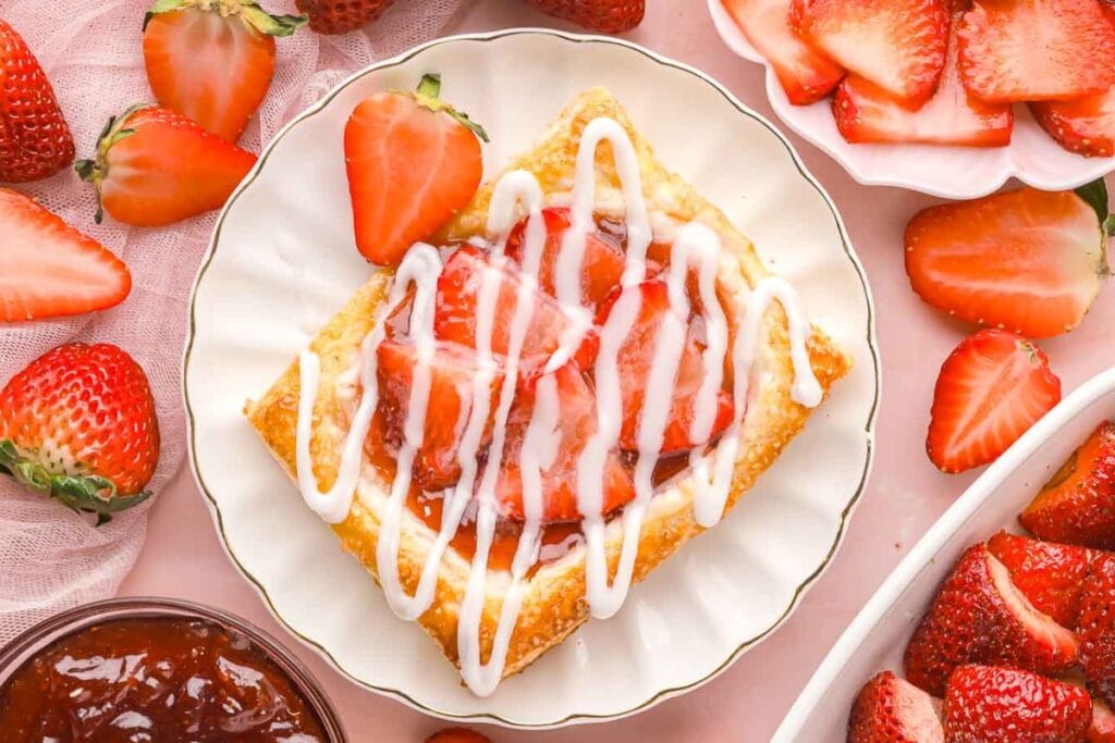 Strawberry danish on a plate.