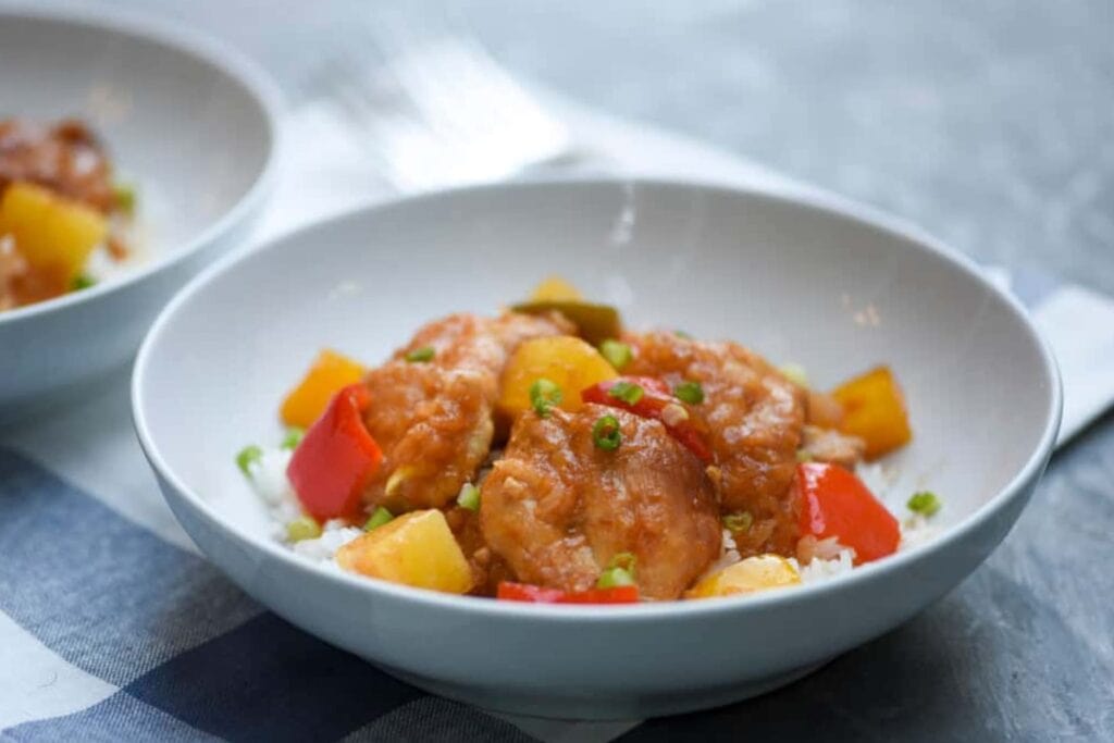 Sweet and sour chicken served in a bowl.