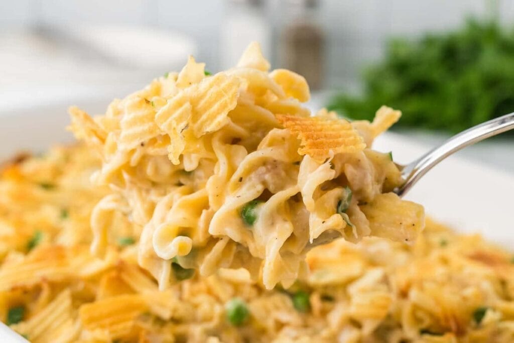 Tuna casserole on a spoon.