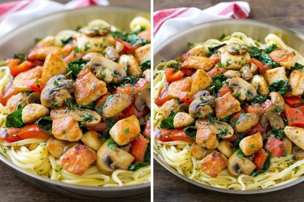 Tuscan chicken pasta in a bowl.