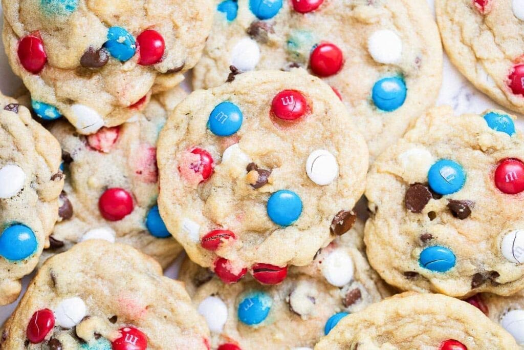 Patriotic M&M cookies on a tray.
