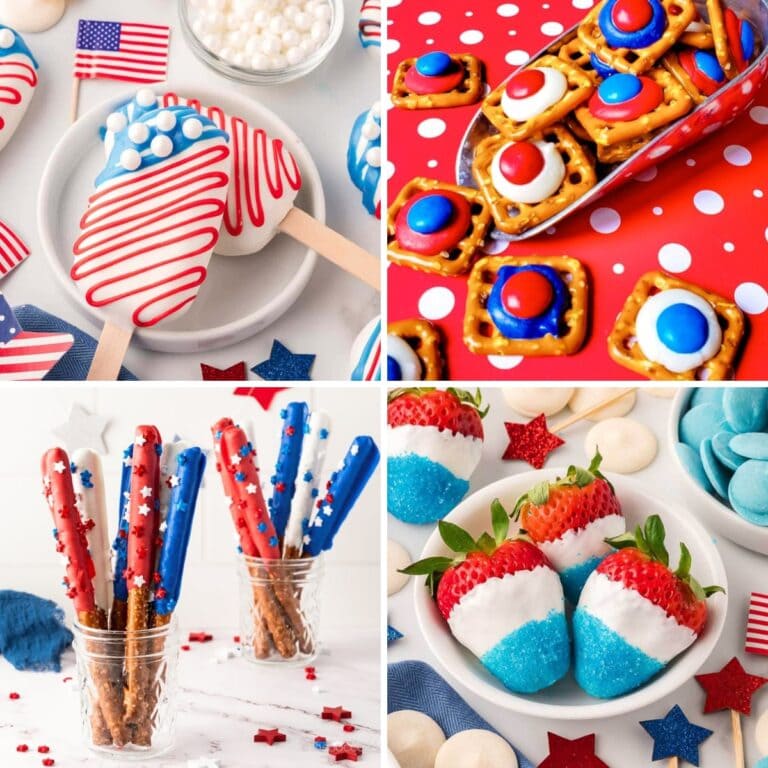 Collage of 4th of July desserts and red, white, and blue treats
