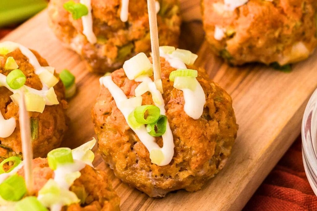 A close up shot of buffalo chicken meatballs.