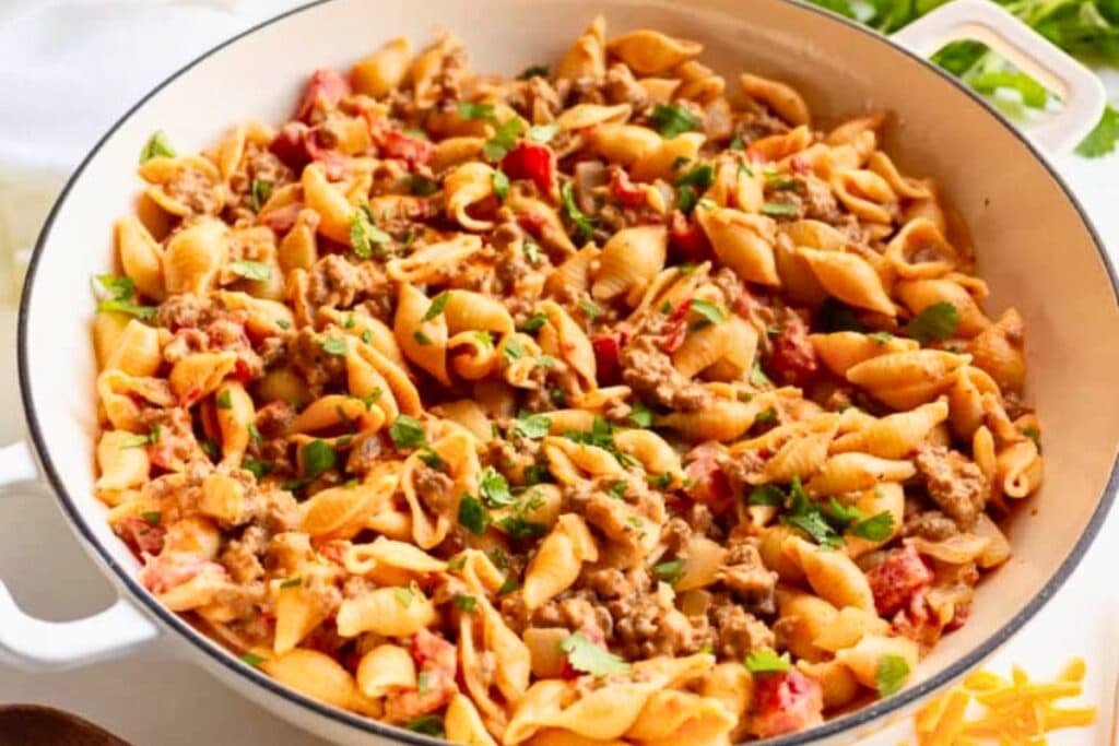 A close up shot of taco pasta.