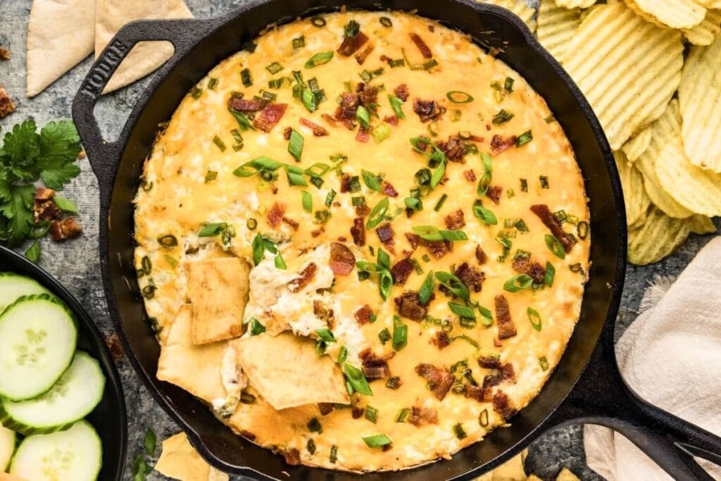 A close up shot of chicken bacon ranch dip.