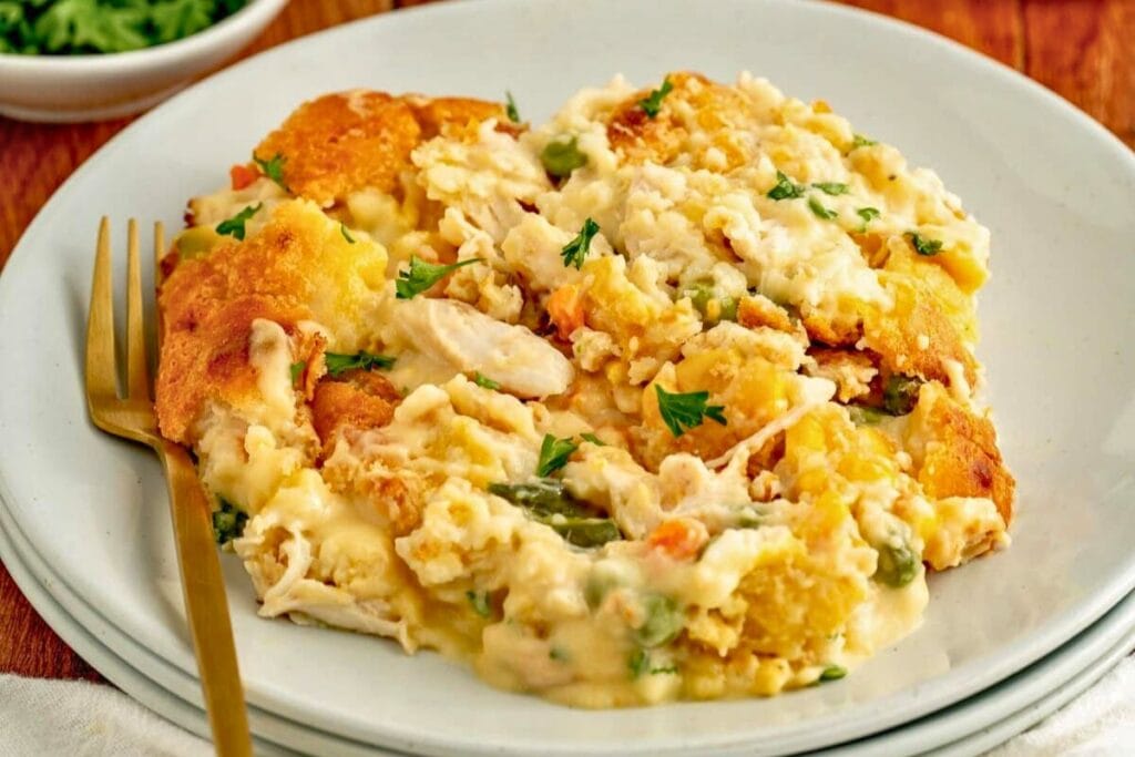 A close up shot of chicken cobbler.