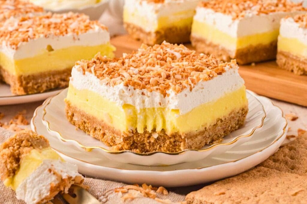 A close up shot of coconut cream bars.