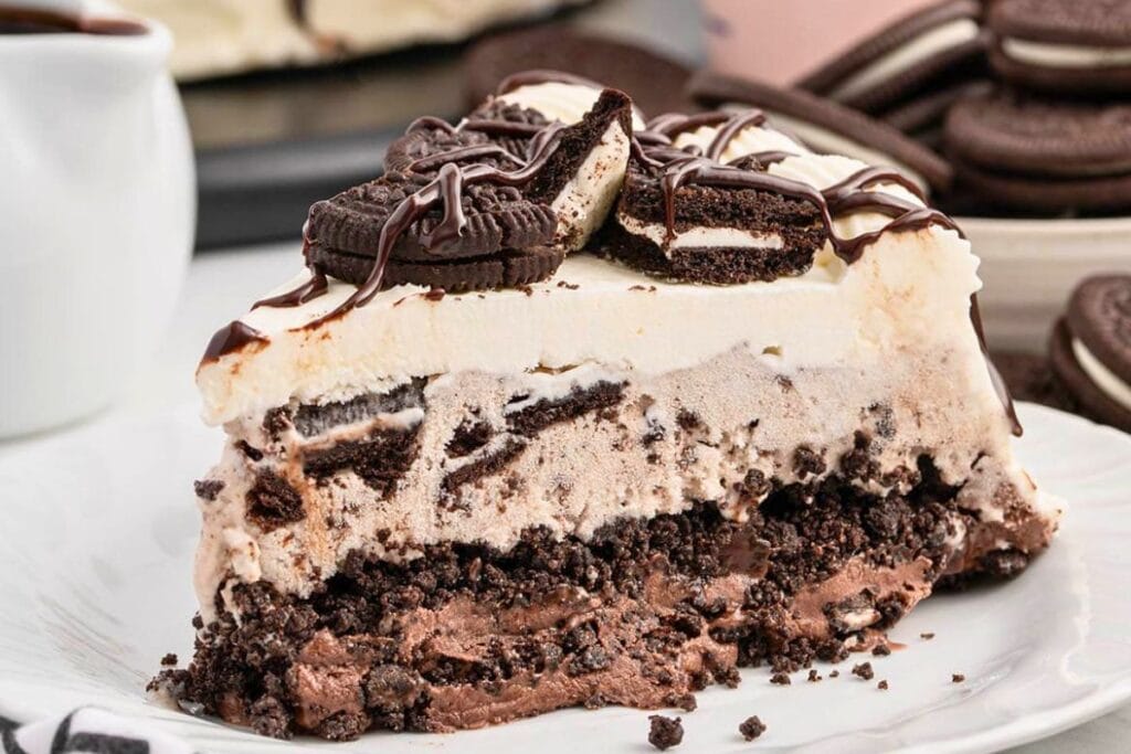 A close up shot of Oreo cookie ice cream cake.