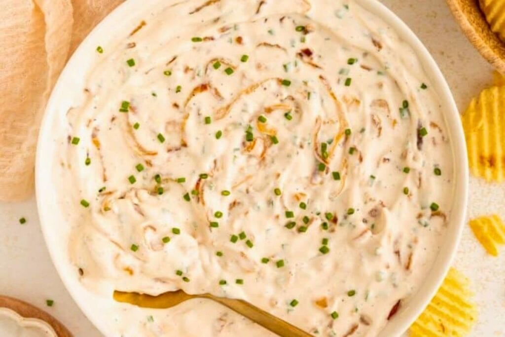 A close up shot of Greek yogurt french onion dip.