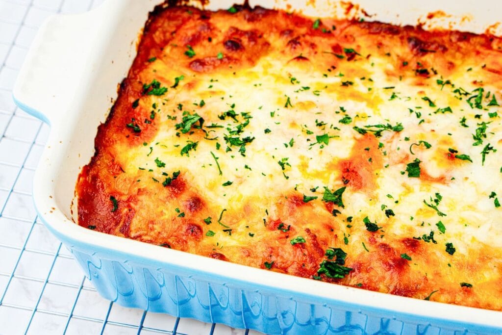 A close up shot of lasagna.