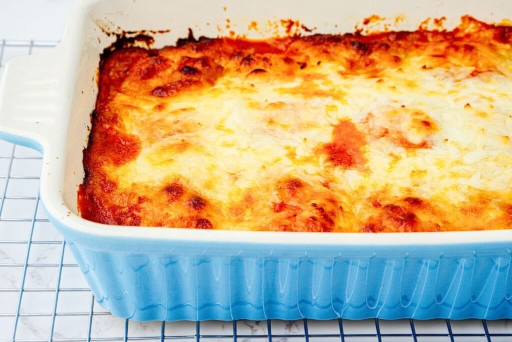 A close up shot of lasagna.