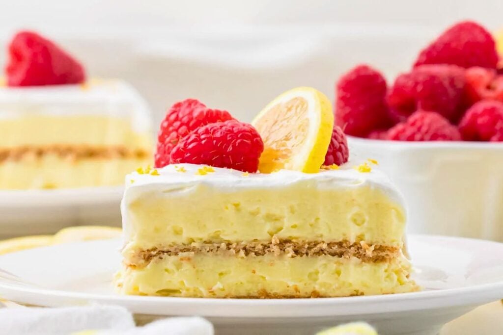 A close up shot of lemon icebox cake.