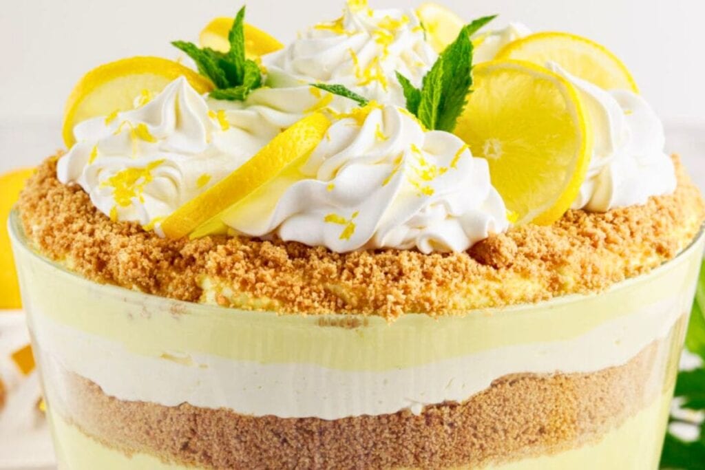 A close up shot of lemon lush trifle.