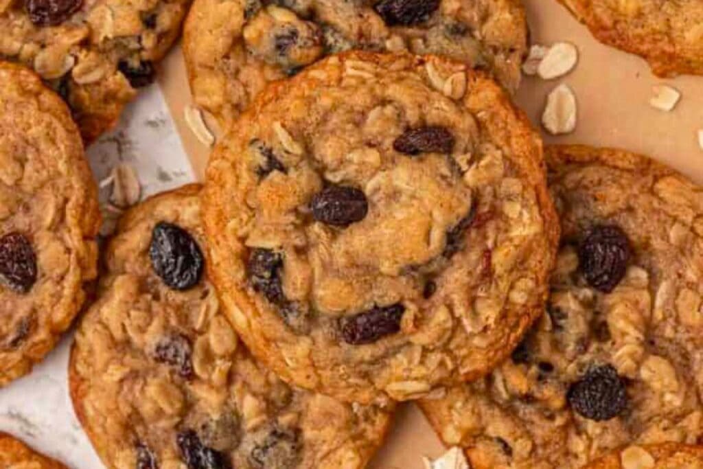 A close up shot of oatmeal raisin cookies.