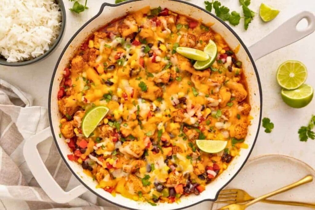 A close up shot of chicken skillet.