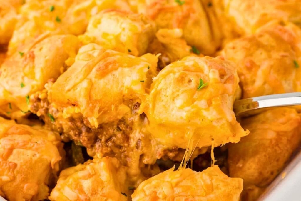 A close up shot of sloppy joe casserole.