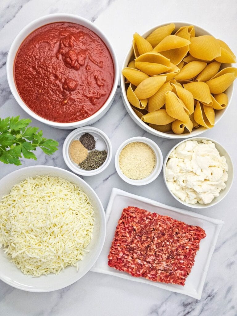 Ingredients for stuffed shells with sausage.