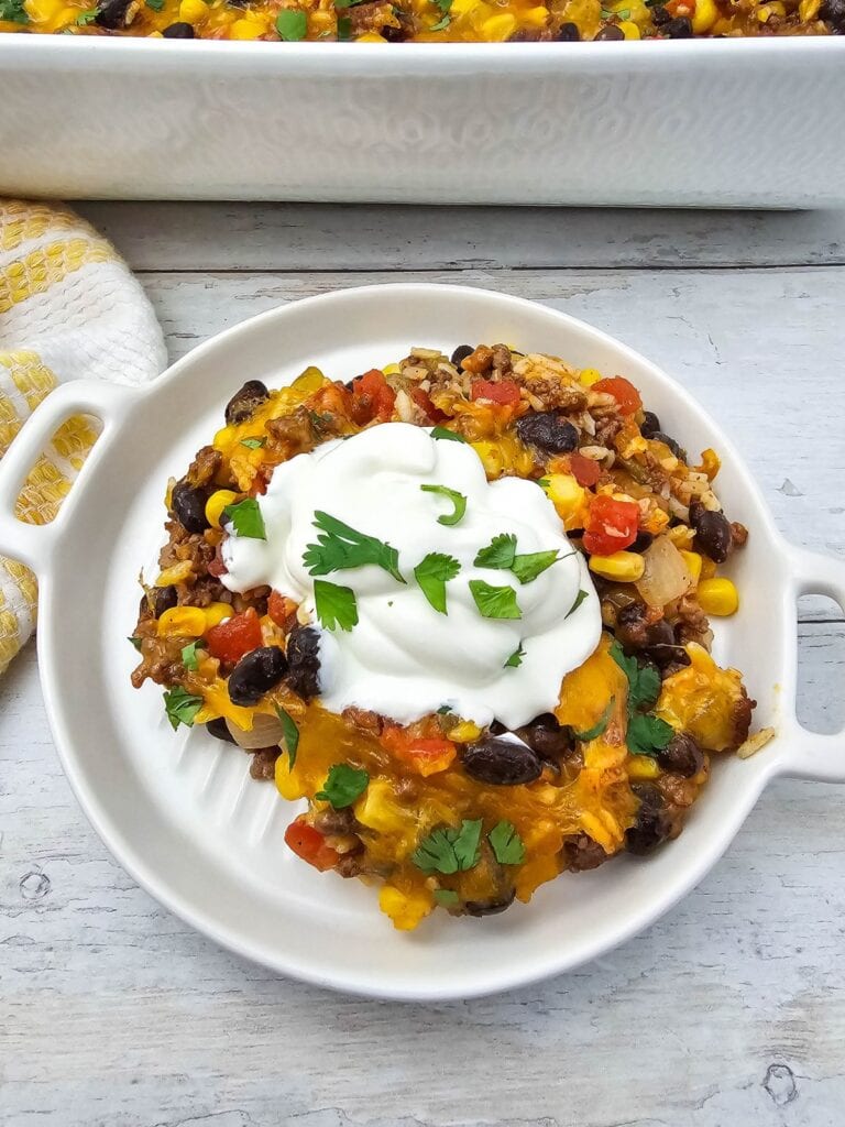 A close up shot of taco rice casserole.