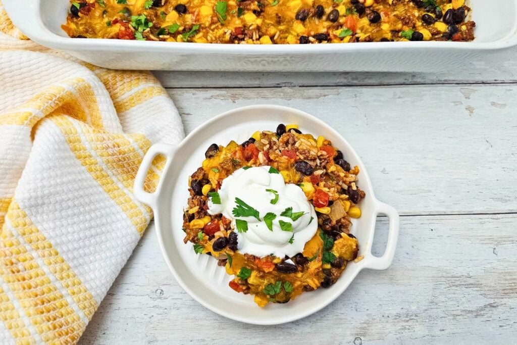 A close up shot of taco rice casserole.
