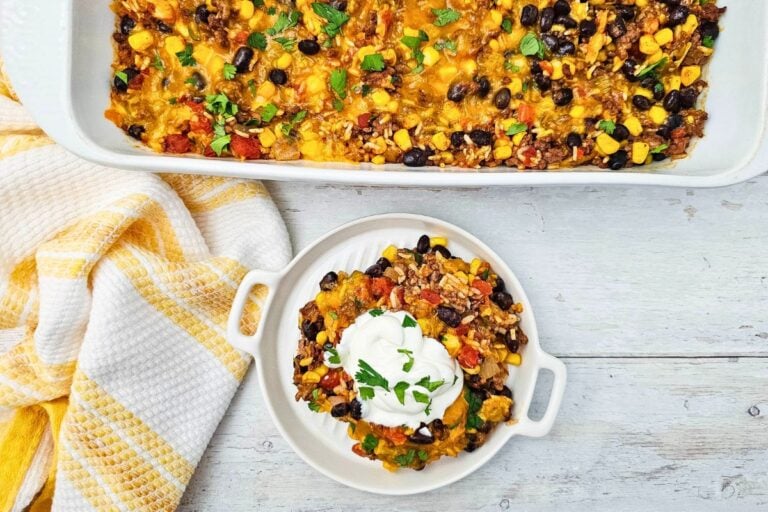 A close up shot of taco rice casserole.