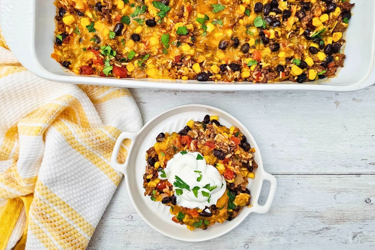 A close up shot of taco rice casserole.