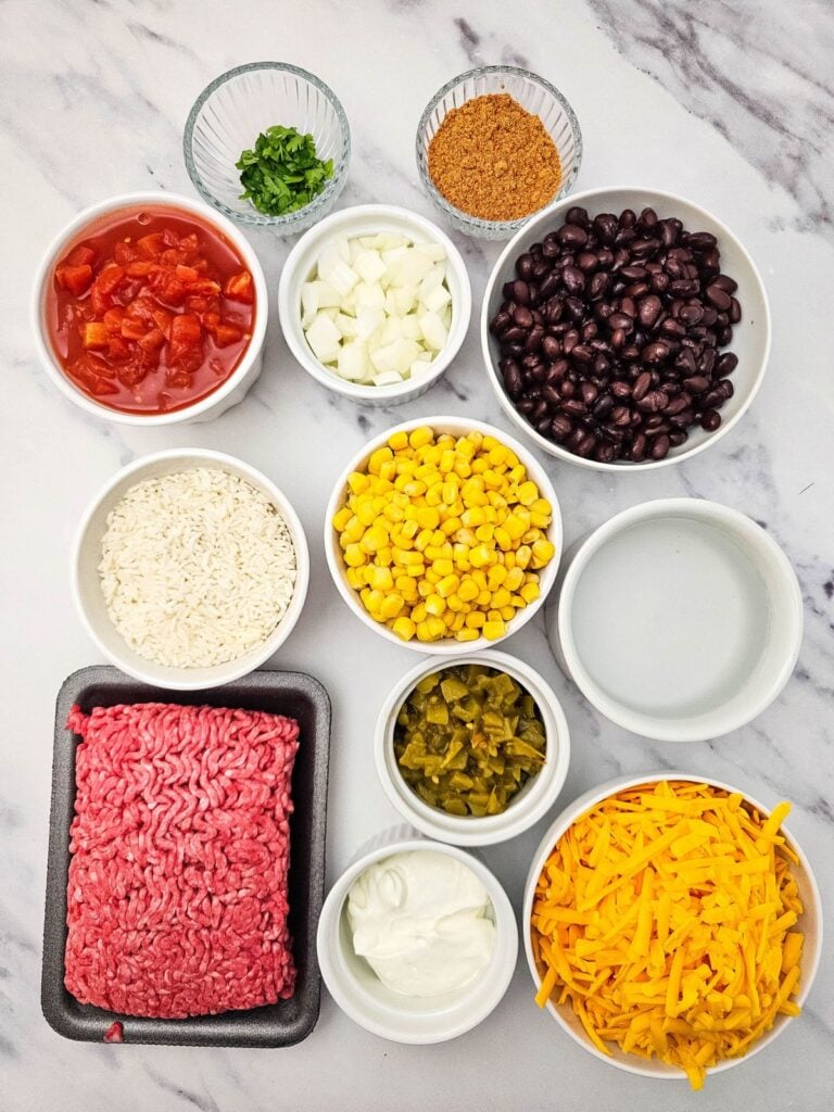 Ingredients for taco rice casserole.