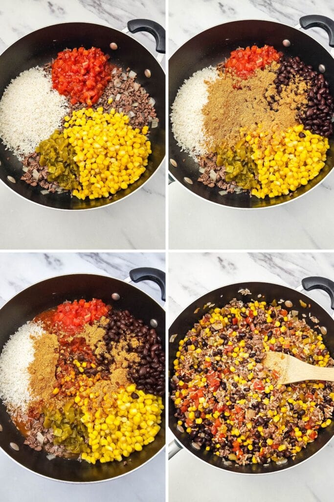 Process shots collage of taco rice casserole.