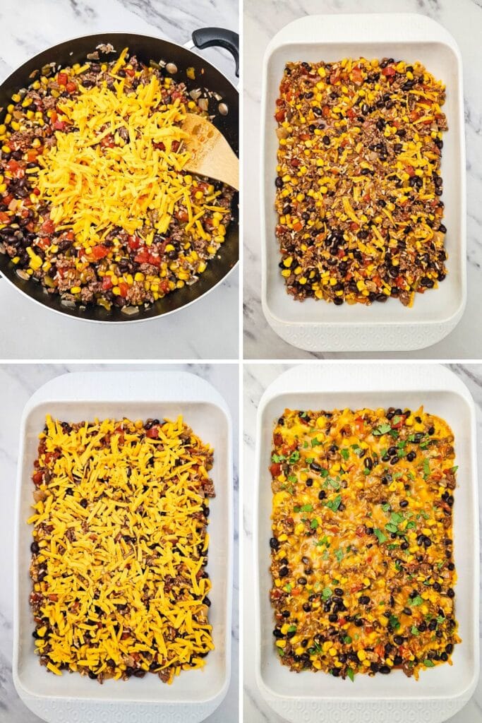 Process shots collage of taco rice casserole.