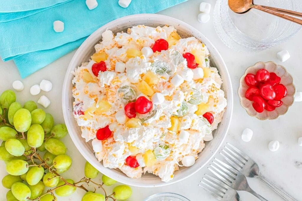 Ambrosia fruit salad in a bowl.