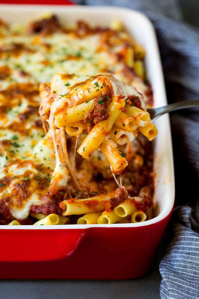 Baked ziti in a baking dish.