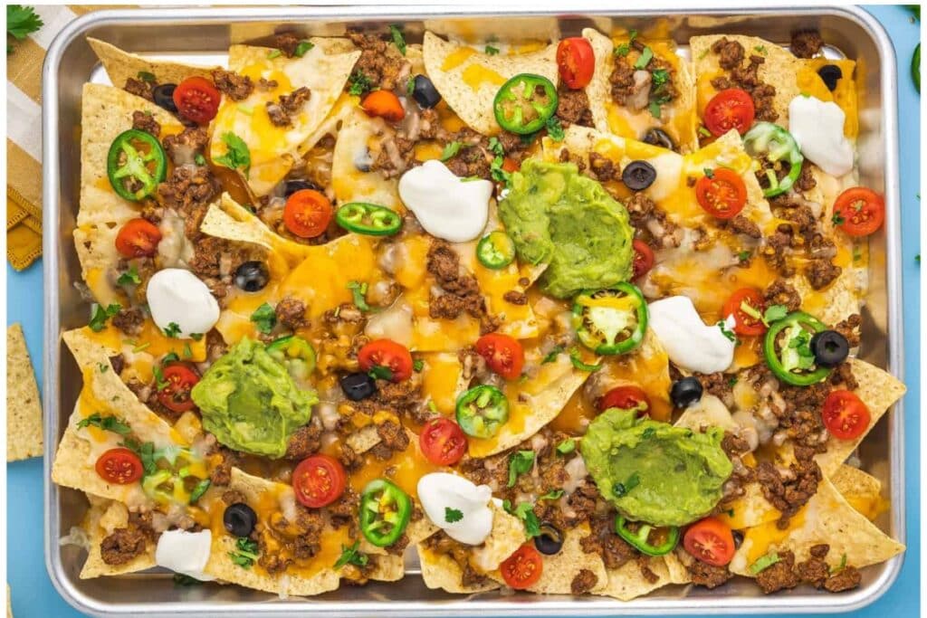 Beef nachos on a sheet pan.