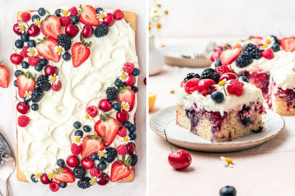 Berry poke cake in a collage of a sheet cake and a slice on a plate.