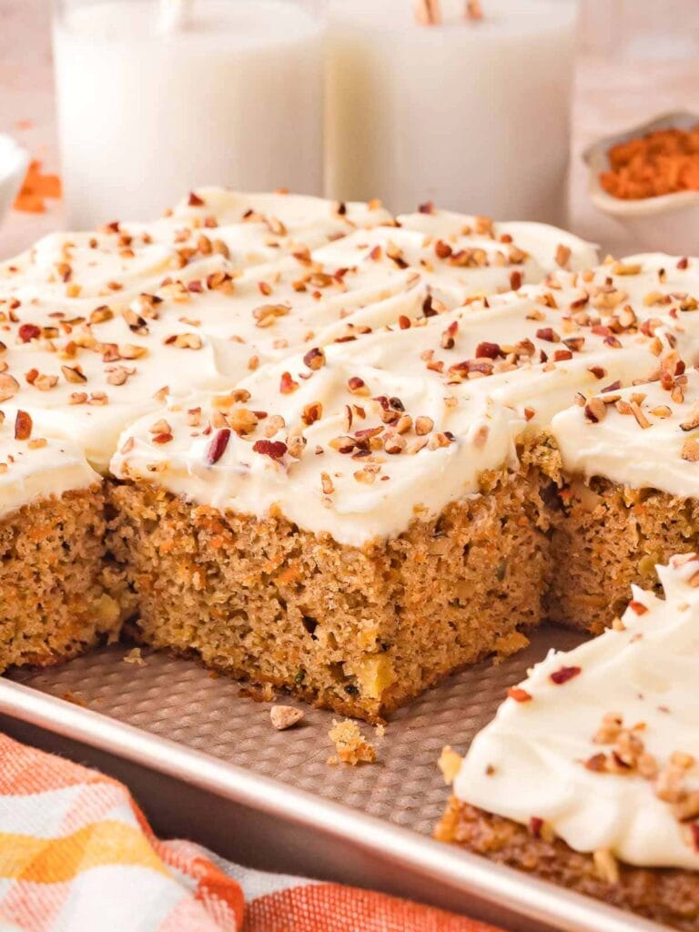 Carrot cake sheet cake in a baking pan.