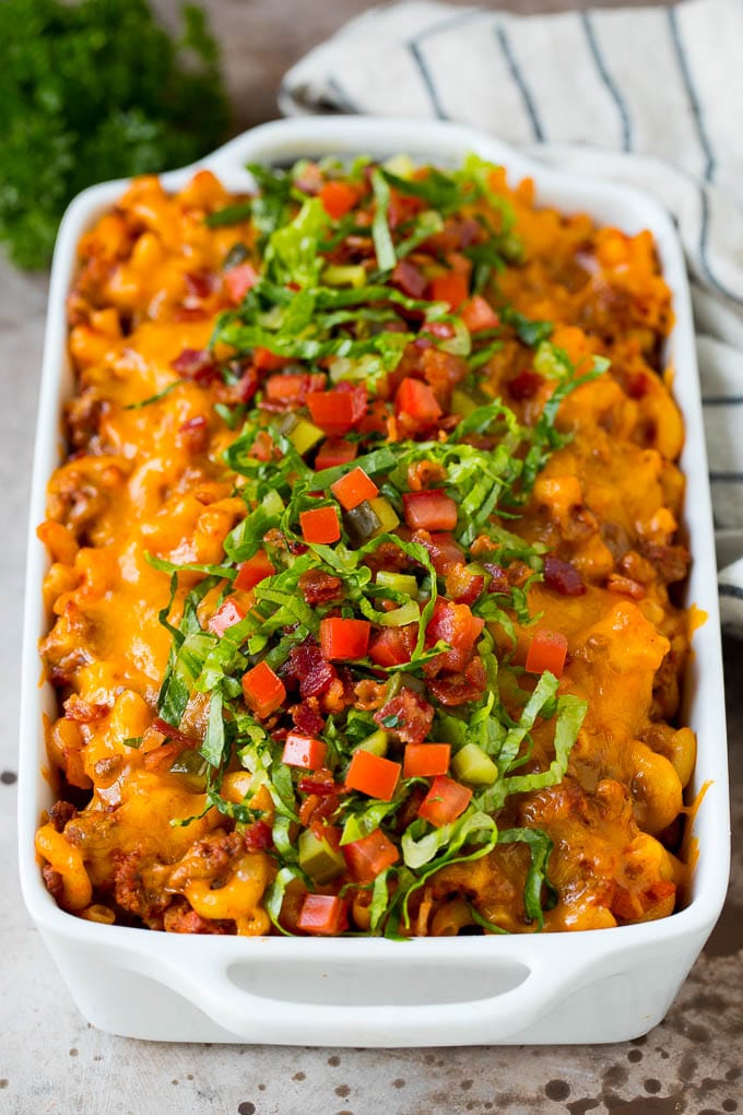 Cheeseburger casserole in a white baking dish.