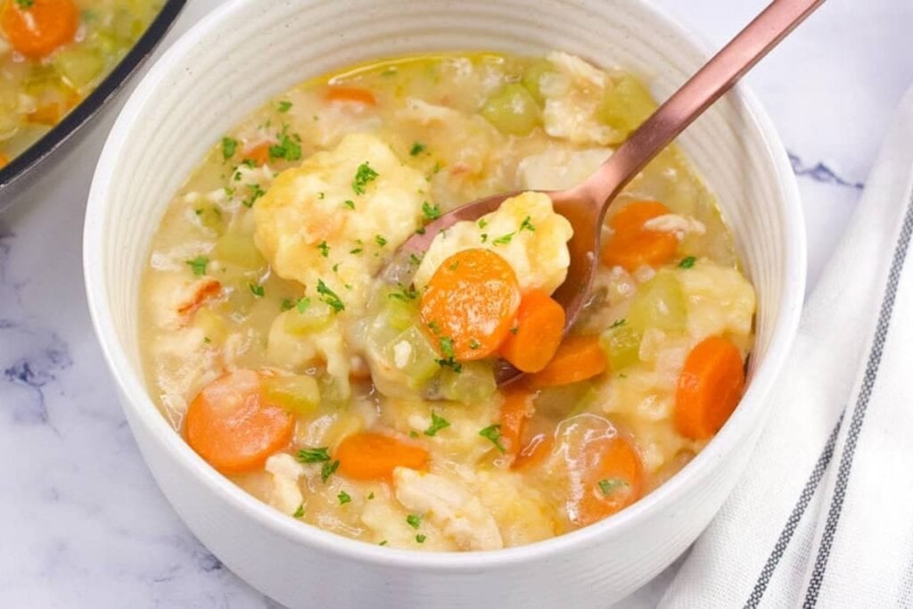 Creamy rotisserie chicken and dumplings in a bowl.