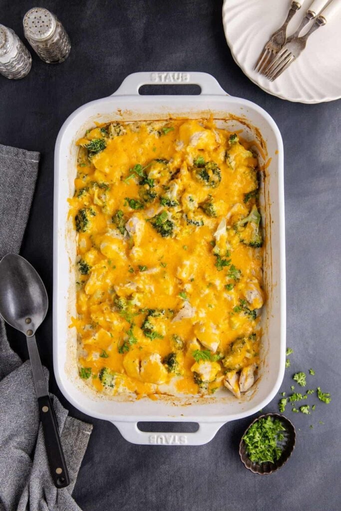 Chicken broccoli and rice casserole in a baking dish.