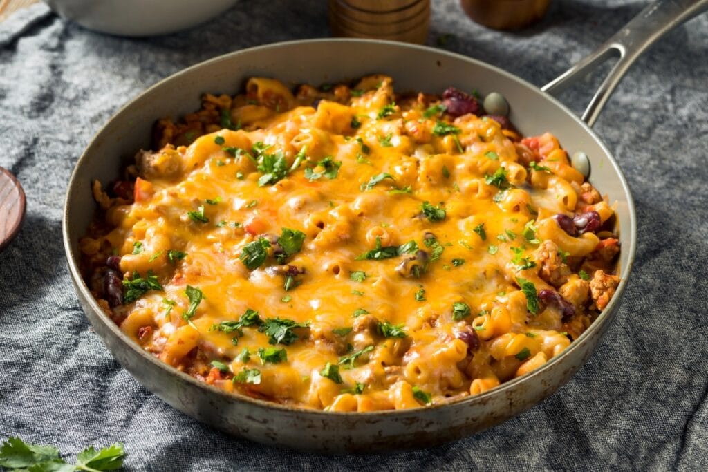 Chili mac in a skillet.