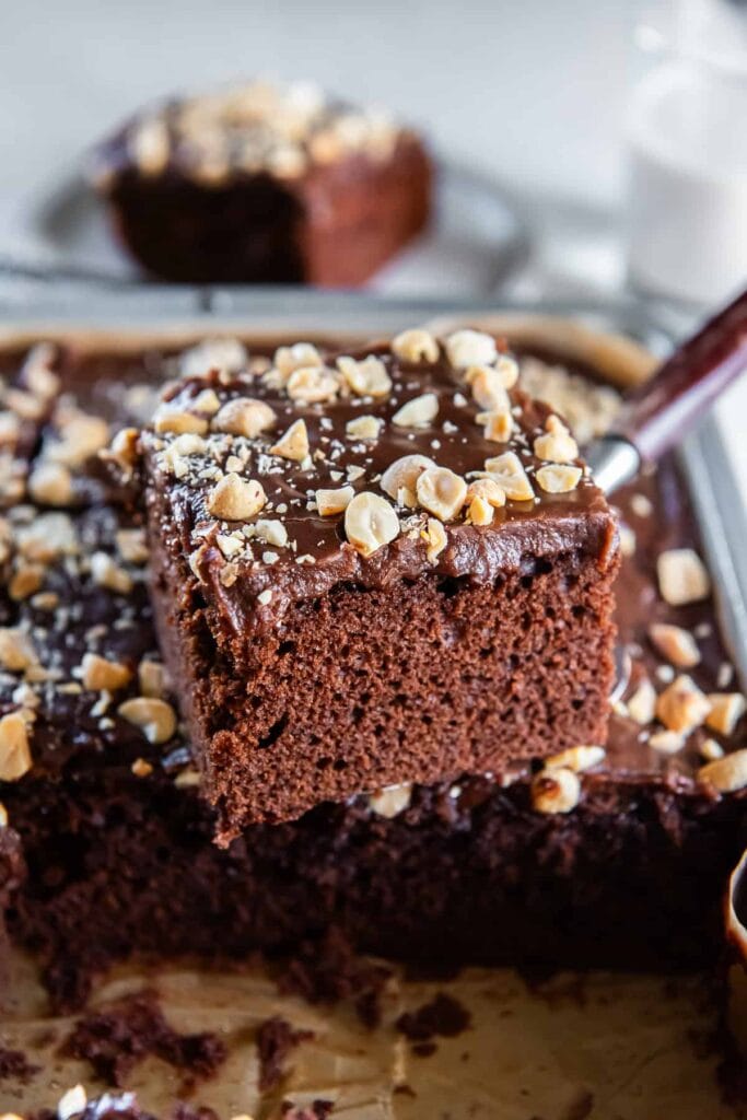 Slice of chocolate peanut butter sheet cake on a cake server.