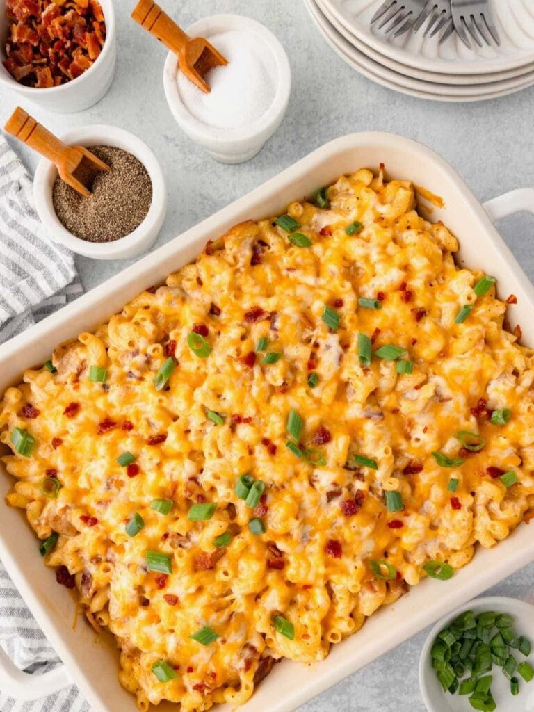Crack chicken casserole topped with melted cheese in a baking dish.