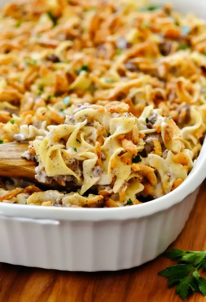 French onion beef casserole in a baking dish.