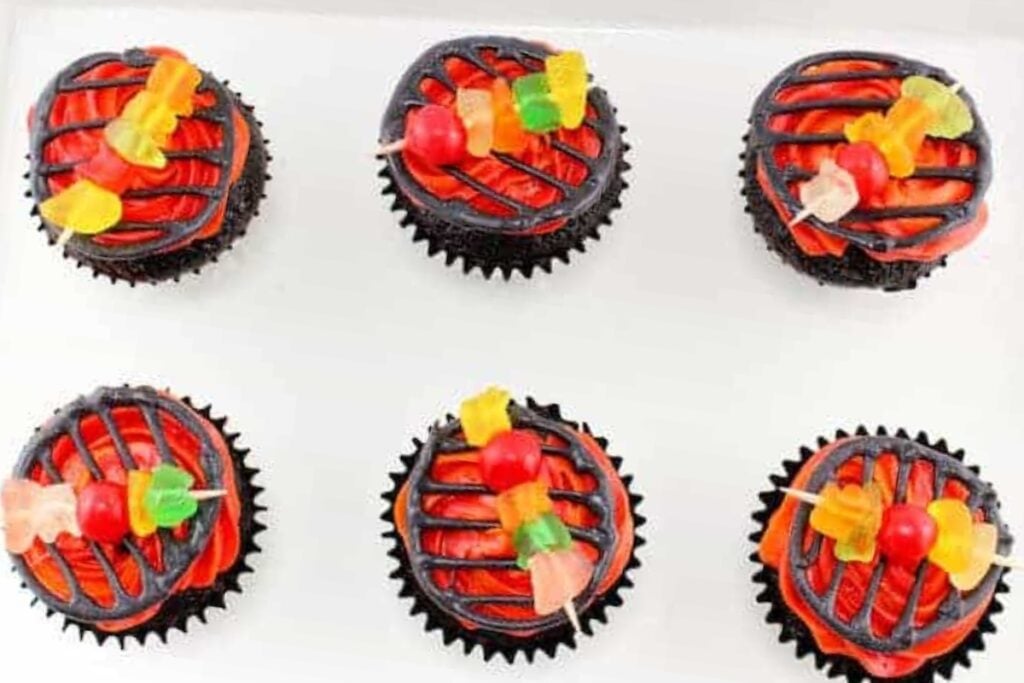 Grill cupcakes on a white tray.
