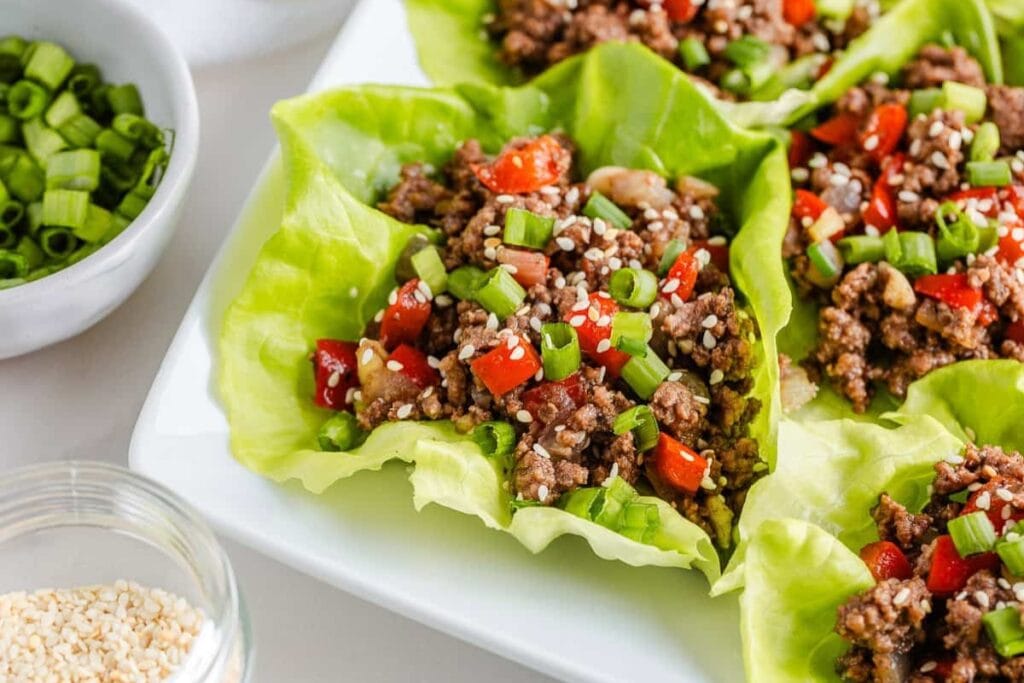 Ground beef lettuce wraps on a plate.