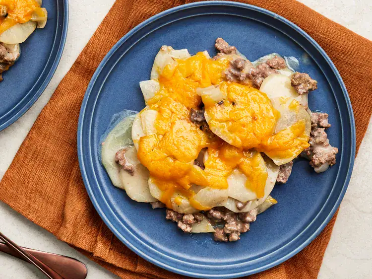 Hamburger potato casserole on a plate.