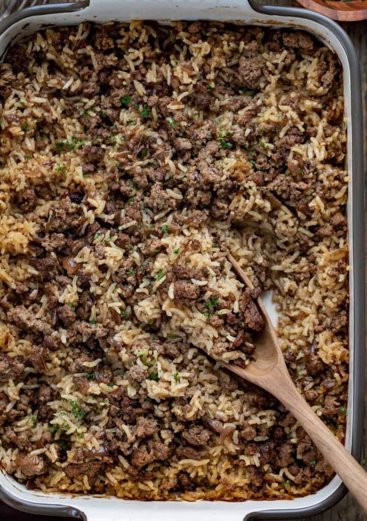 Hamburger rice casserole in a baking dish.