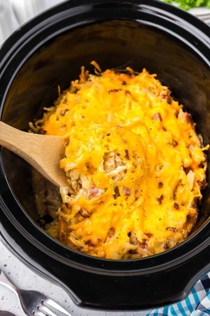 Hashbrown casserole in a crockpot.