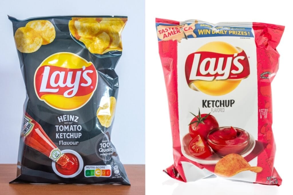 Collage of ketchup flavored potato chips.